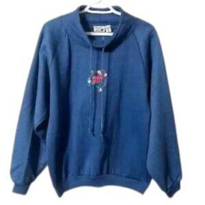 New Vintage Blue Tube Neck Pink Floral Embroidered Sweatshirt Women's Size XL